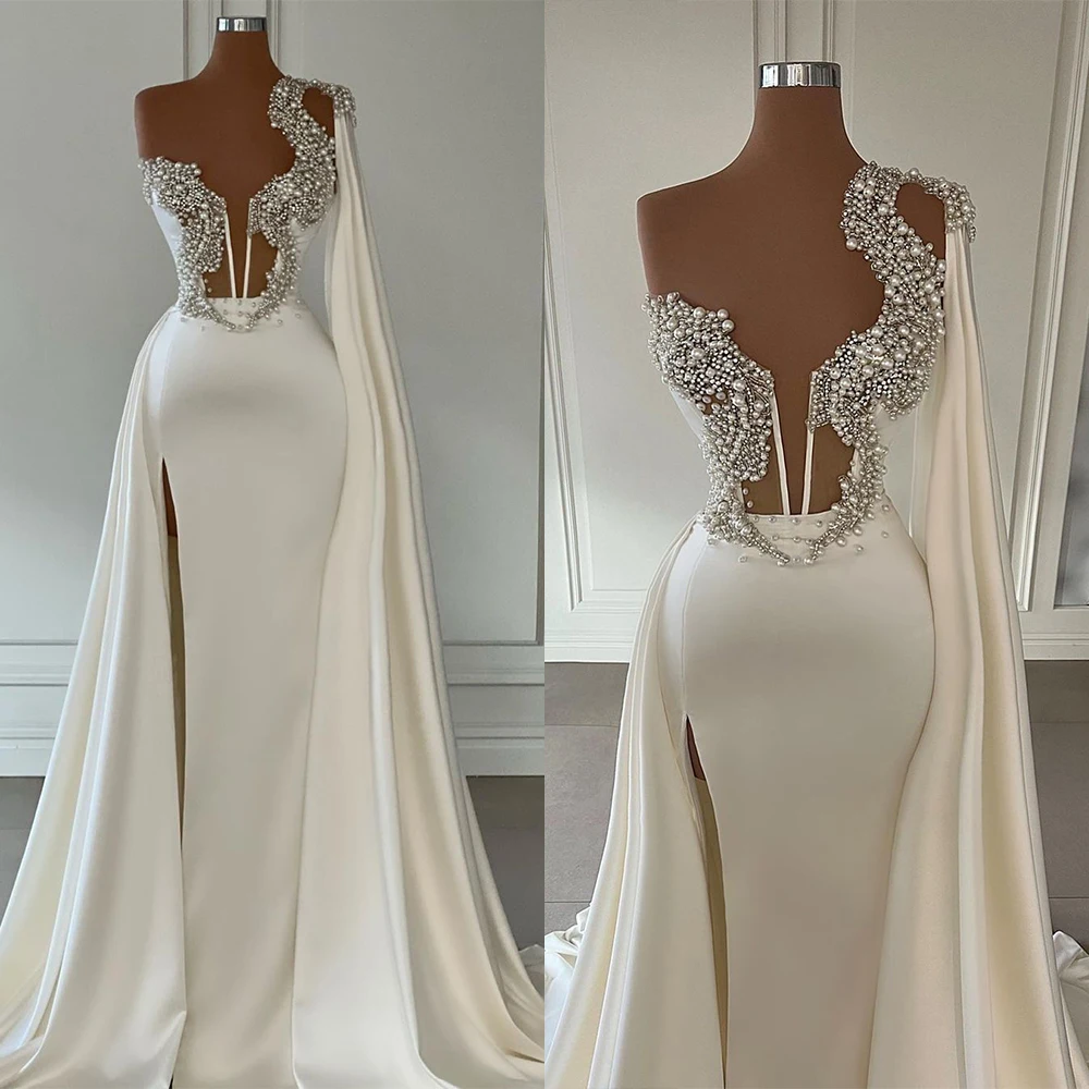 

Luxury Wedding Dresses One Shoulder Pearl Beads Appliques Mermaid Bridal Gowns Custom Made Detachable Train Vestido De Novia