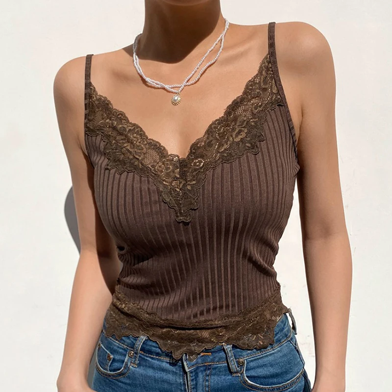 Brown Lace Trim Ribbed Tops Women Summer Sexy V Neck Cami Vest