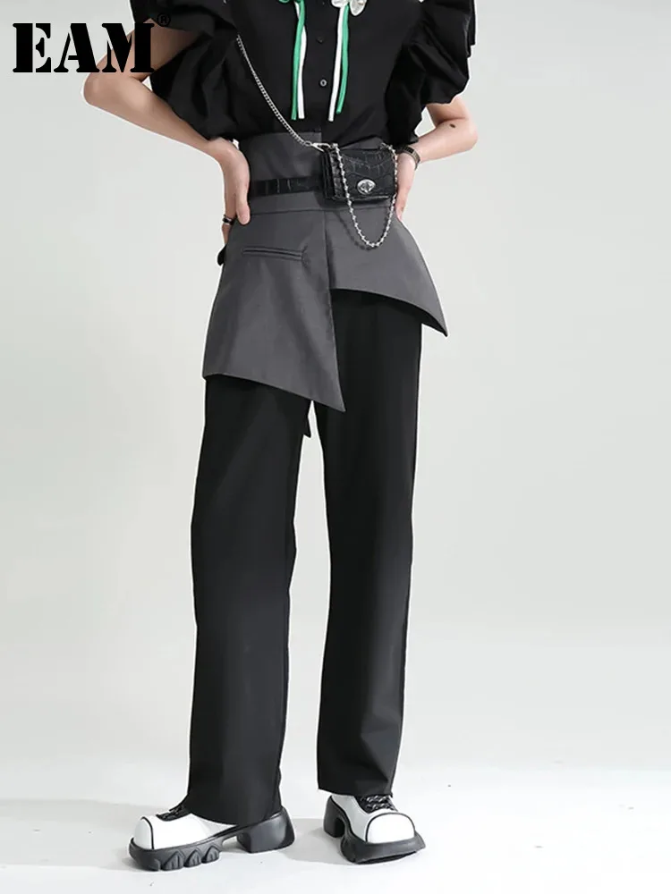 

[EAM] High Waist Black Gray Irregular Long Wide Leg Trousers New Loose Fit Pants Women Fashion Tide Spring Autumn 2024 1DE8393