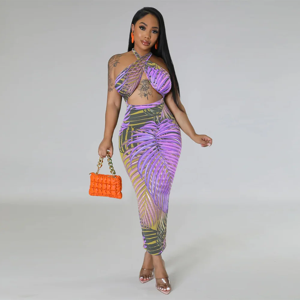 2013Summer Sexy Print Two Piece Set Women Beach Style Halter Lace-up Sleeve Vest Skirt Two Piece Suit Women