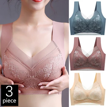 FallSweet 3PCS Lace Push Up Bras for Women Sexy Wireless Bra Ice Silk Deep V Bralette Tops Female Lingerie Mom's Underwear L-5XL 1
