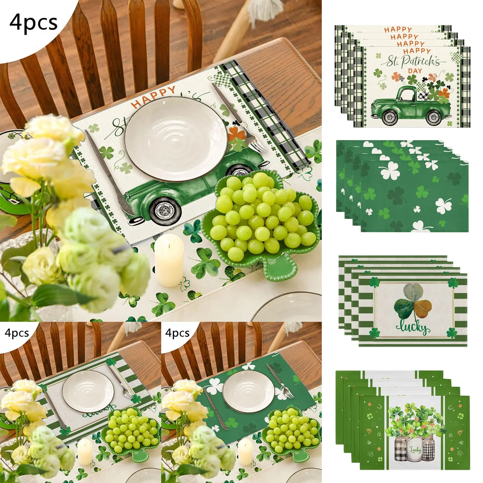 

round Place Mats Indoor Dining 4PCS St. Patrick's Day Placemat Green Table Decoration Non Slip Insulated Linen Table Rubber Mat
