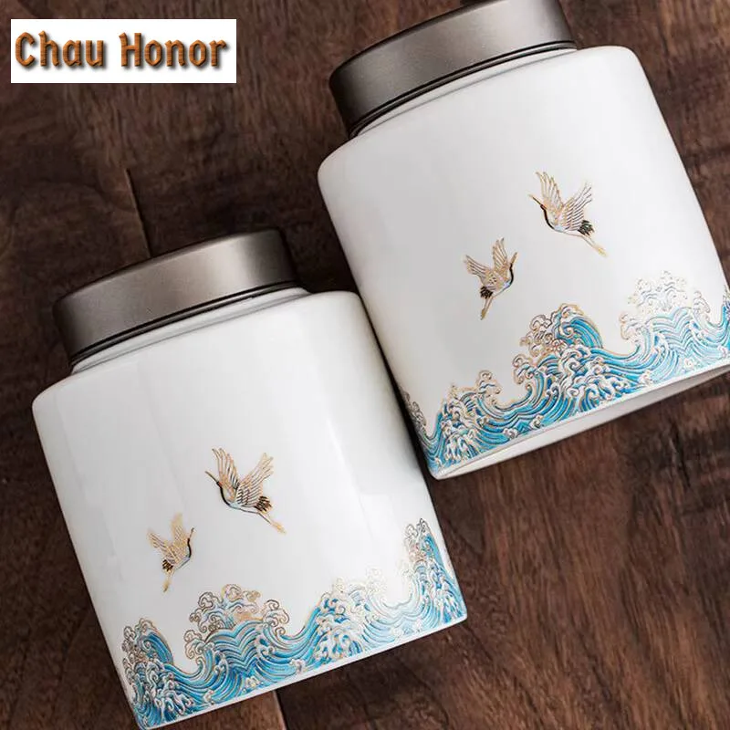 Mutton Fat Jade White Porcelain Auspicious Crane Guanhai Ceramics Tea Canister Candy Spices Storage Container Tea Ceremony Gift