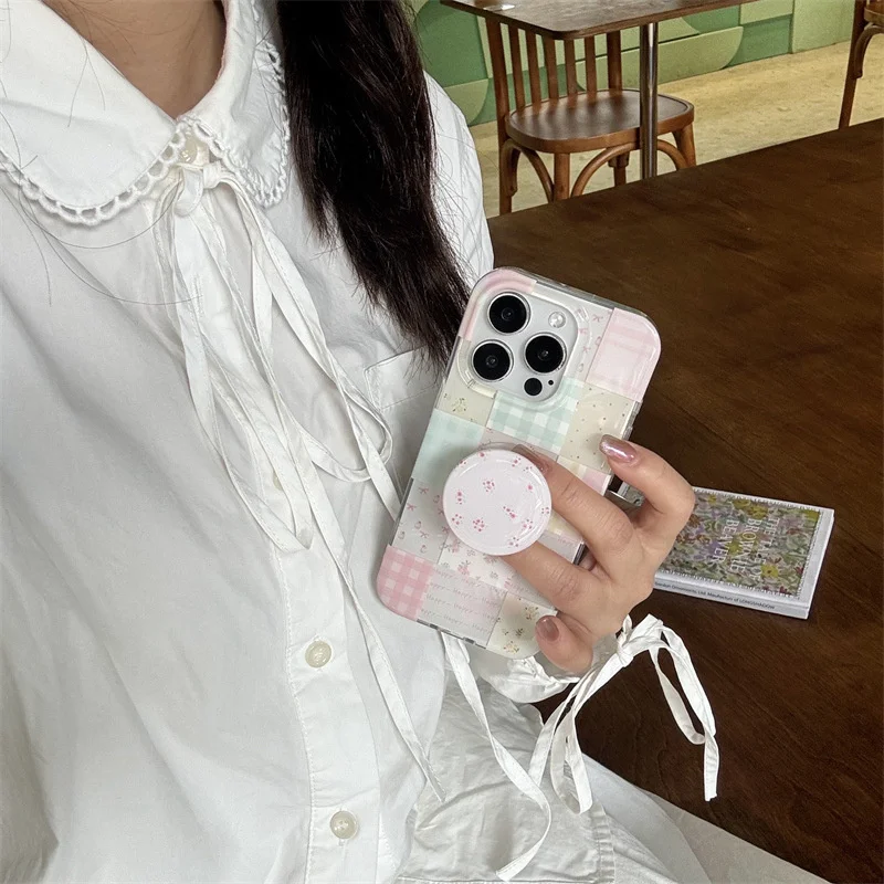 Chic Floral Grid Phone Case with Holder Attachment