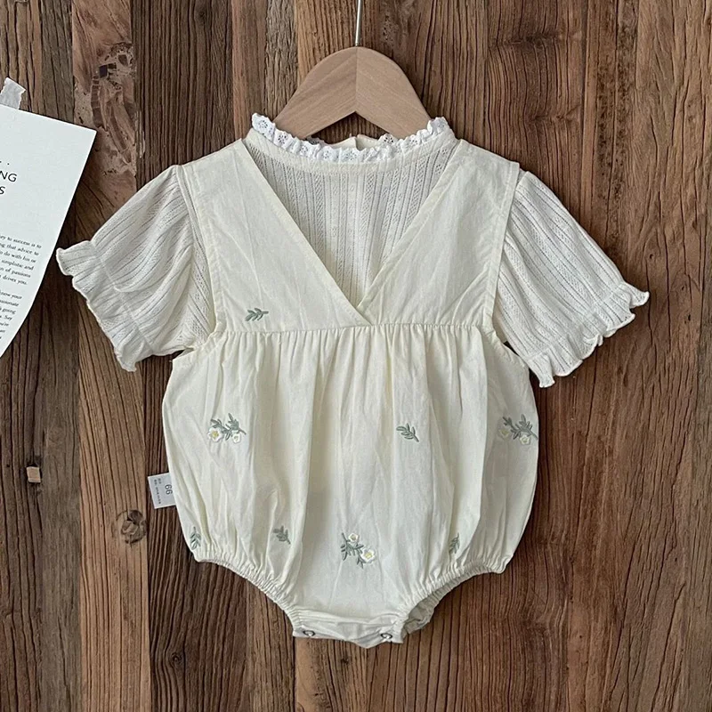 

2024 New Summer 0-24M Baby Girl Clothing Infant Baby Girls Bodysuits Sleeveless Cotton Embroidery Korean Style Climbing Suit