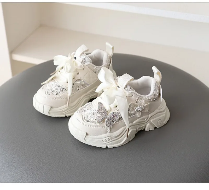 Girls Sports Shoes - Anti-Slip Sequin Butterfly Tennis Running Shoes for Ages 1-6