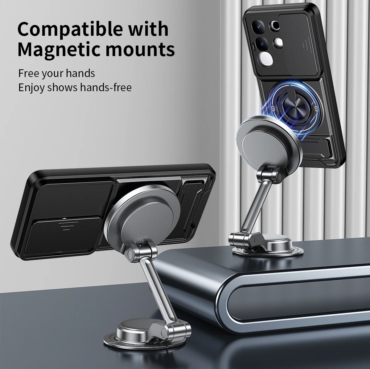 Camera Sliding Cover Phone Case with Double Bracket and Magnetic Ring Protection
