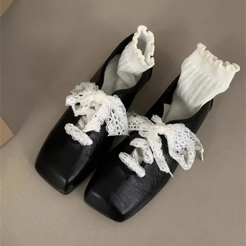 Women's Flat Shoes Lace Square Toe Soft Leather Surface Shoes for Women Dress Autumn Spring Sweet Cool New Zapatillas De Mujer 2