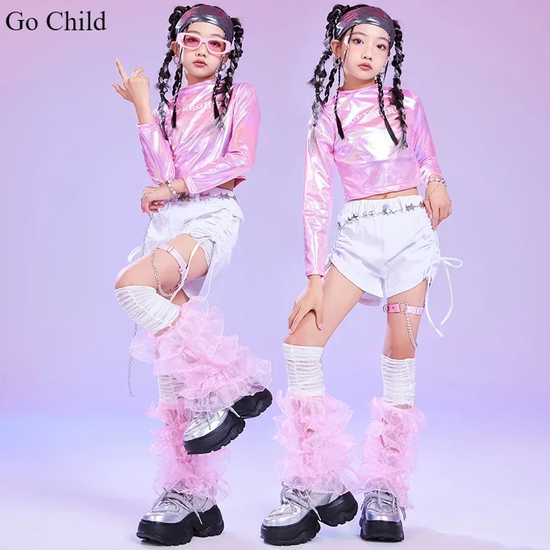 Girls K-pop Laser Crop Top Girdle Cargo Pants Street Dance