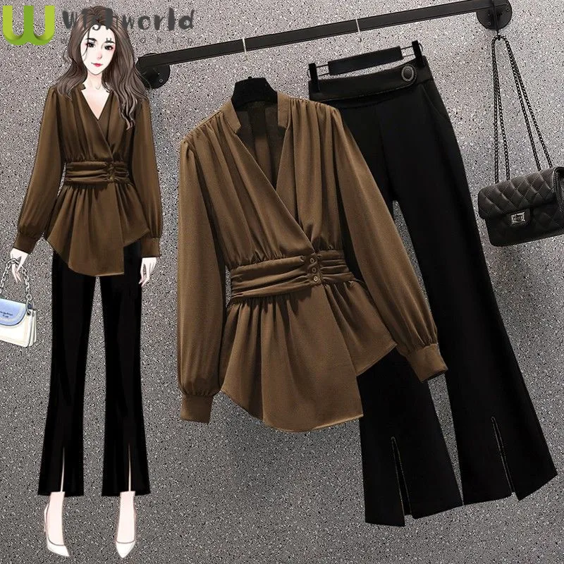 Fat Sister's French Design Shirt Spring and Autumn Oversized Temperament Top Slightly Flared Trousers Thin Women's Suit 2023 summer pregnancy belly trousers thin high waist wide legs maternity cotton pants pregnant woman ultra wide leg trousers