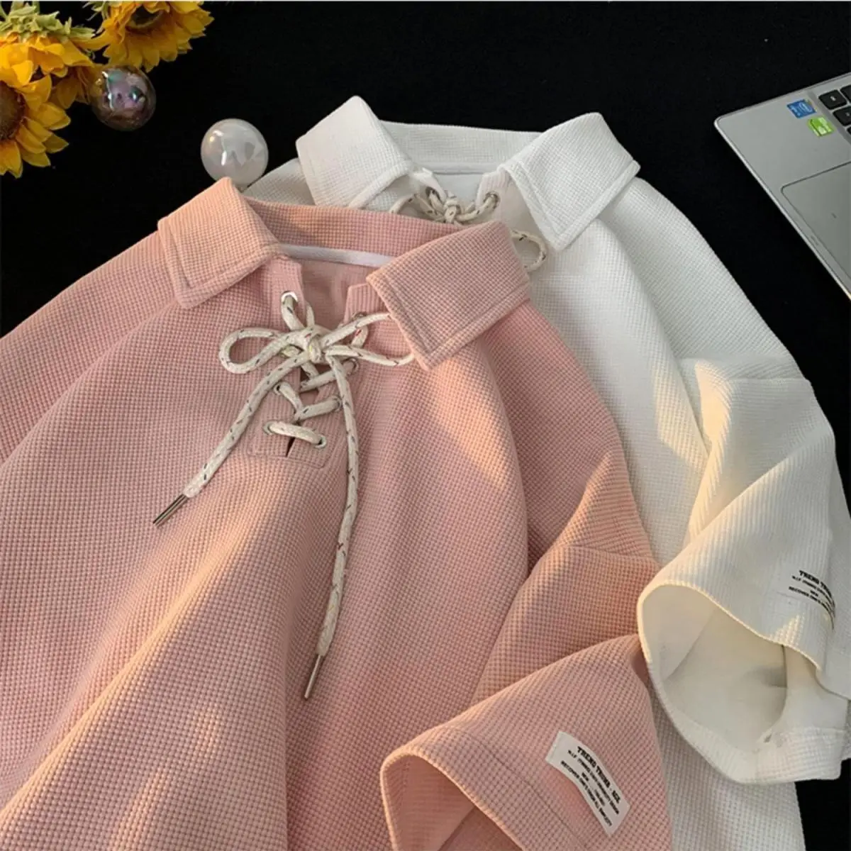 

Short Sleeve Vintage Waffle Polo Women Men T-shirt Sweatshirts Harajuku Casual Oversized For Teen Female Streetwear Couple