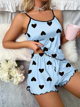 Womens Sexy Heart Print Pajama Set Cami Top Lettuce Trim Shorts Two Piece Sleepwear Loungewear Spaghetti Strap Contrast Trim