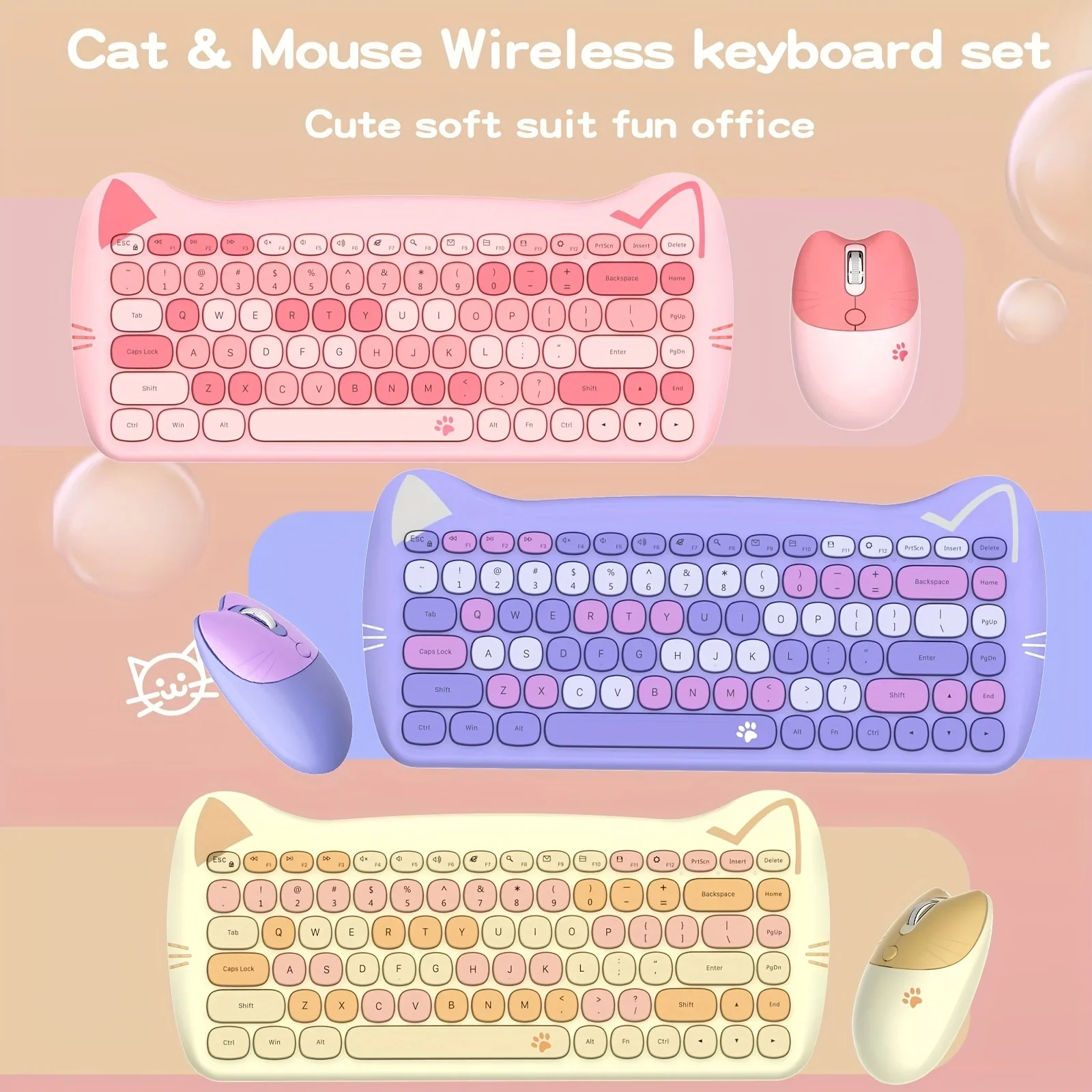 

Small Wireless Cat Shaped Keyboard And Mouse 2.4G Wireless Keyboard And Mouse Combination, 84 Buttons Cat Ear Mute Portable Set