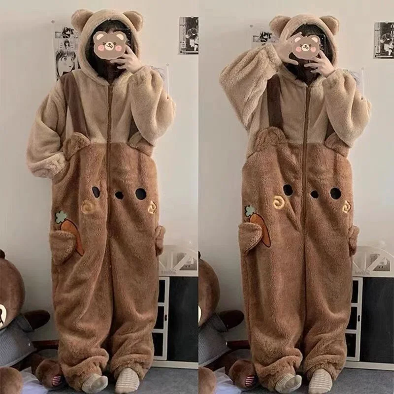 Flannel Hooded Thermal Ankle-length Jumpsuit Adults Cosplay Cartoon Bear Animal One-piece Nightwear Women Loungewear Sleepwear
