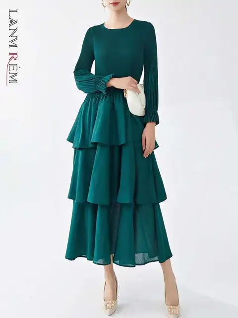 LANMREM Fashion Pleated Cake Dress Women's O-neck Long Sleeves Elastic Stretch Solid Color Dresses 2025 Spring New 2Z2393