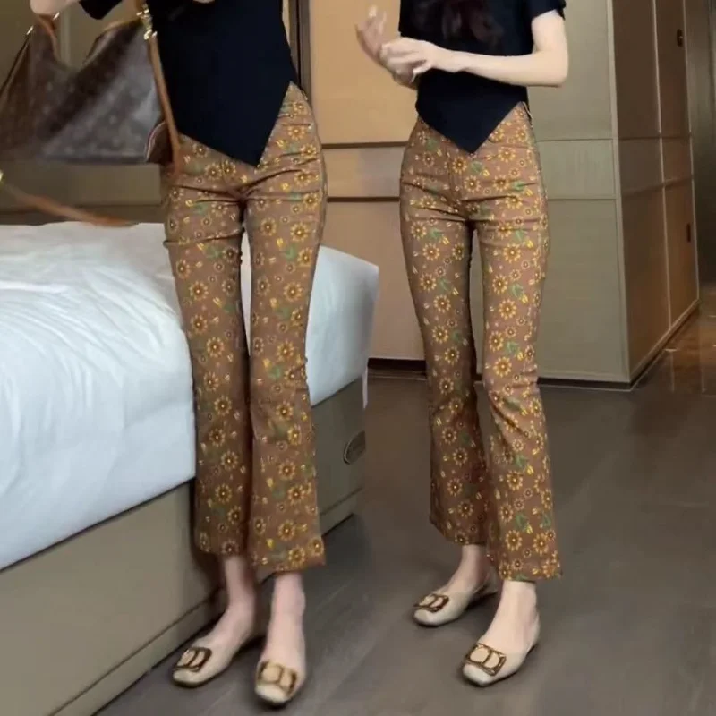 

European Fashion Fragmented Flower Micro Ragged Pants Women's Summer Thin High Waist Stretch Slim Cropped Jeans