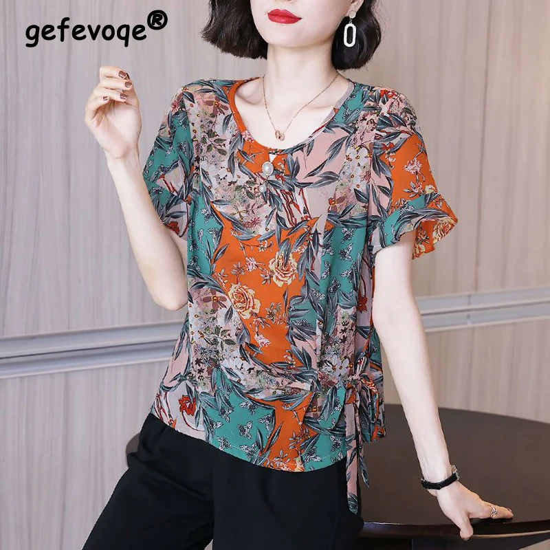 Women Bow Lace Up Beaded Chic Elegant Blouse 2023 Summer Fashion Floral Print Ruffle Short Sleeve Shirt Ladies Loose Tops Blusas