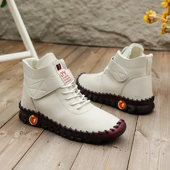 Woman's Leather Shoes Women High Neck Shoes Top Cotton Shoes Trendy Ladies Shoes Ladies Winter Flat Shoes Warm Cotton Shoes Soft Shoes Bottom Non-slip Boots
