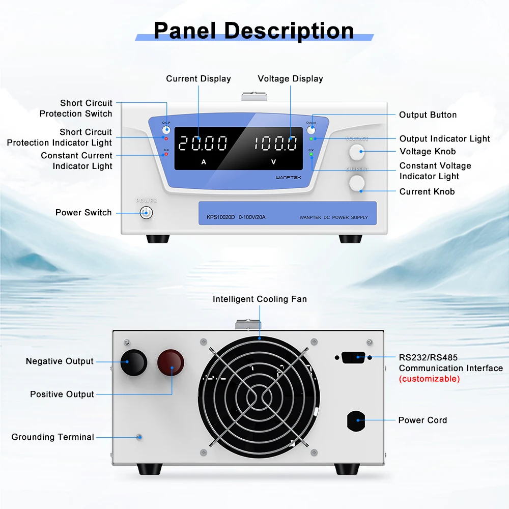 WANPTEK 100V 20A 벤치형 DC 조정 가능 전원 공급 장치, DC 전원, 실험실, 수리, 테스트, 학교, 측정, 전기도금, KPS10020D