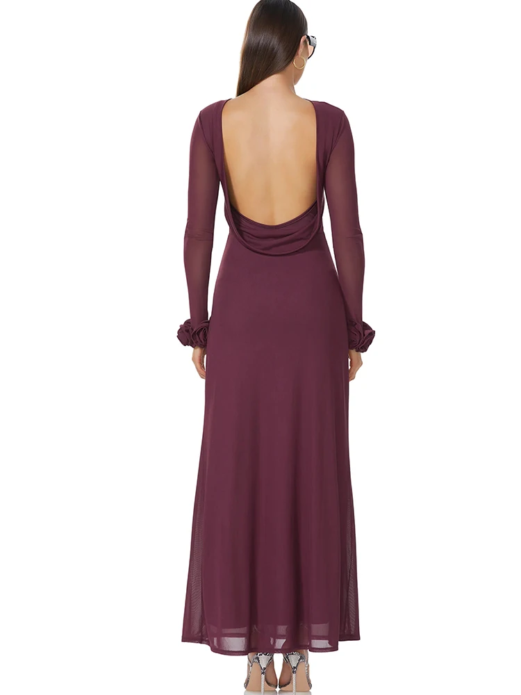 

Fantoye Sexy Backless Double Layer Women Maxi Dress Black Long Sleeve Evening Dress Female Winter Skinny Elegant Party Clubwear