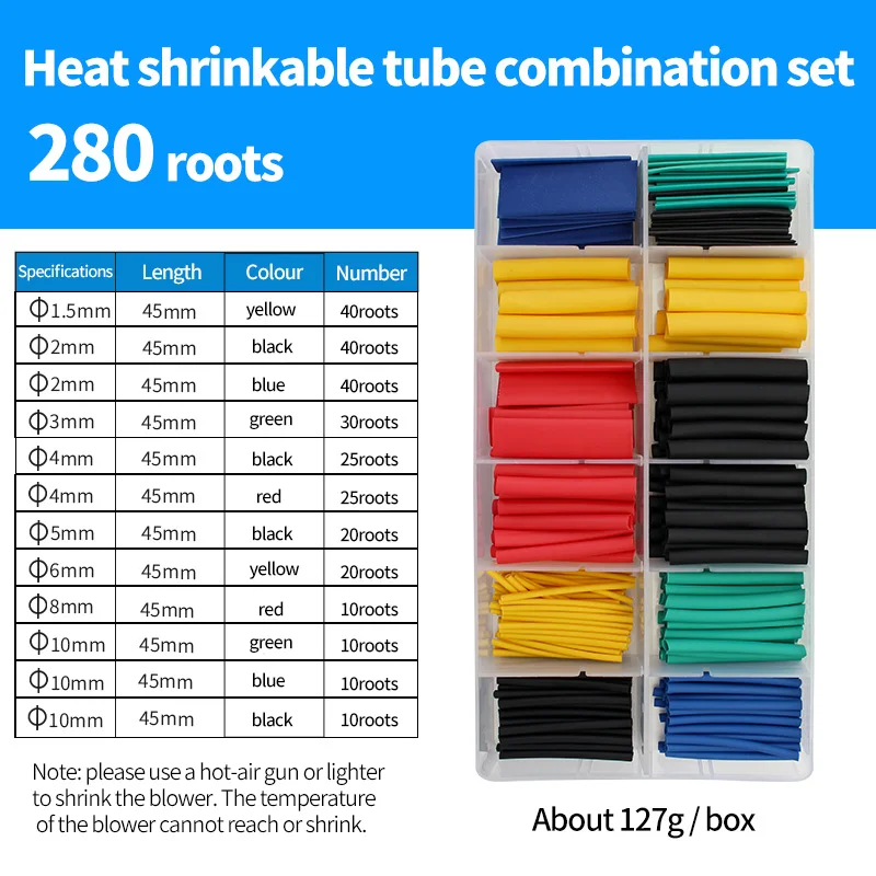 

280pcs/set Heat Shrink Tube Kit Insulation Sleeving Polyolefin 2: 1 Shrinkable Assorted Kit for Quick Repair of Wire Cable