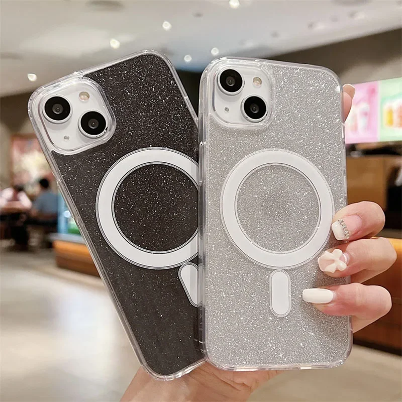 Luxury Glitter Clear Magnetic Phone Case For iPhone 15 14 Plus 13 12 11 Pro Max For Magsafe Wireless Charging Shockproof Cover
