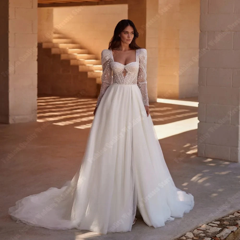 fascinating lace a line wedding dresses for women fluffy horn sleeves bridal gowns 2024 new custom made women vestido de novia Elegant Luminous Surface Lady Wedding Dresses 2024 Fluffy Bridal Gowns Beautiful New Sweetheart Collar Women Vestidos De Novia