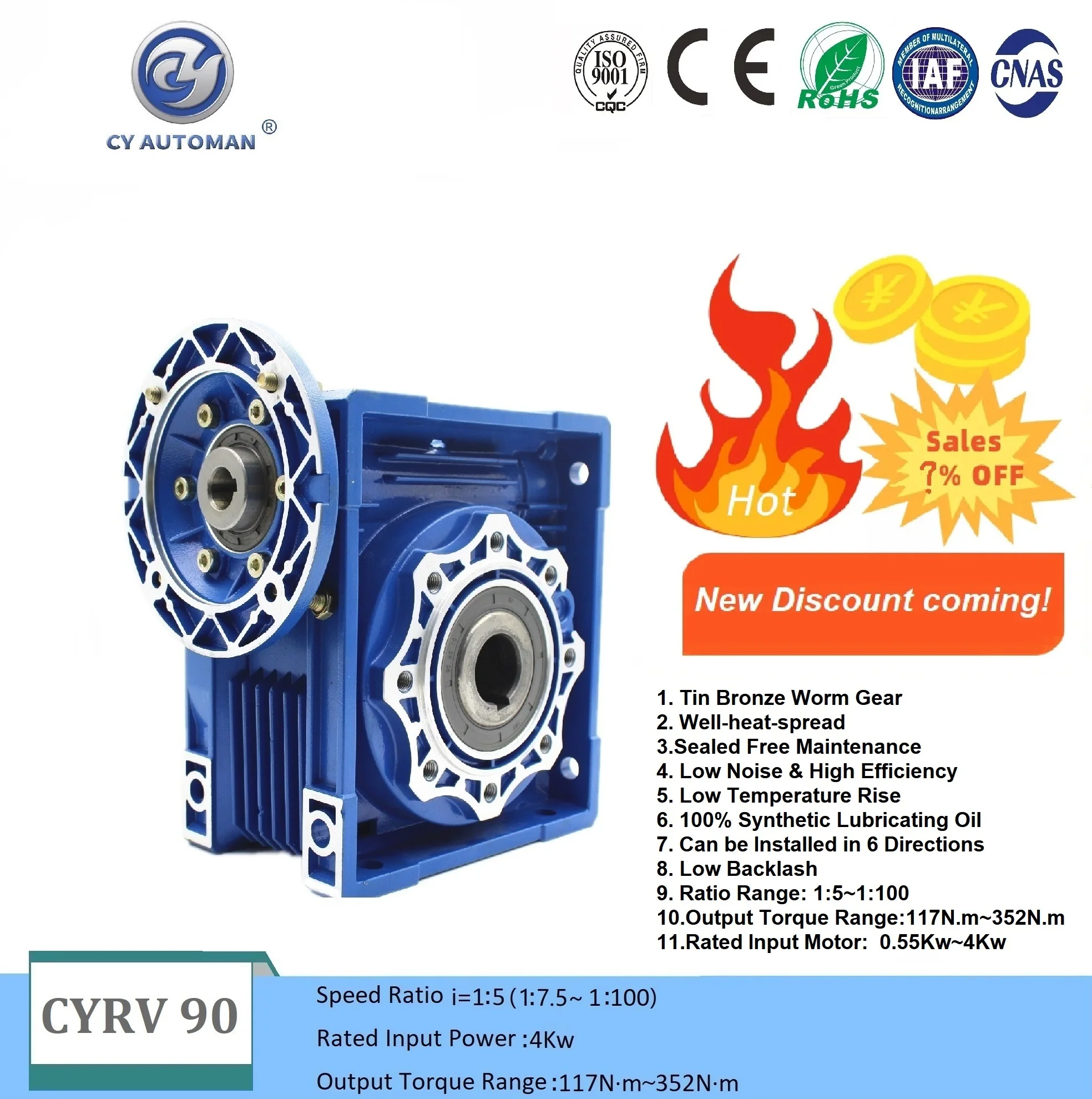 

CYAutoman Worm Gearbox Free maintenance NMRV090 RV90 Input19/22/24/28mm Output 35mm Ratio 5:1/100:1 for Round Square Flange