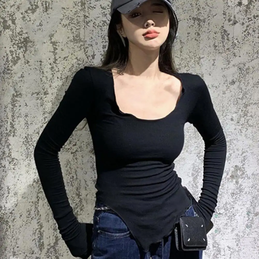 

Streetwear Scoop Neck Long Sleeves Women T Shirts Ruffle Sheer Irregular Split Hem Women Blouse Solid Slim Bottoming Tops