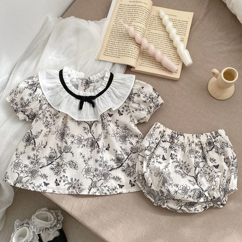 2024 New Summer Toddler Baby Girl Clothes Set Girls Short Sleeved Cotton Printed Shirt+PP Shorts 0-3Yrs Children Clothing Suit 2