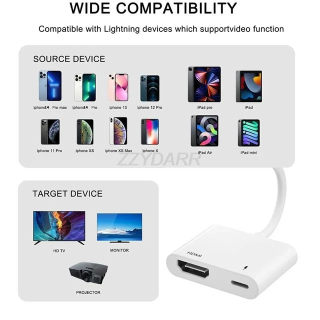 Adaptador Lightning a HDMI para iPhone 12/12 Pro Max 11 Pro/XS/XR/X/8 7 6  Plus SE, iPad Pro Mini 2, conector iPhone a HDMI compatible con iOS 10 ~