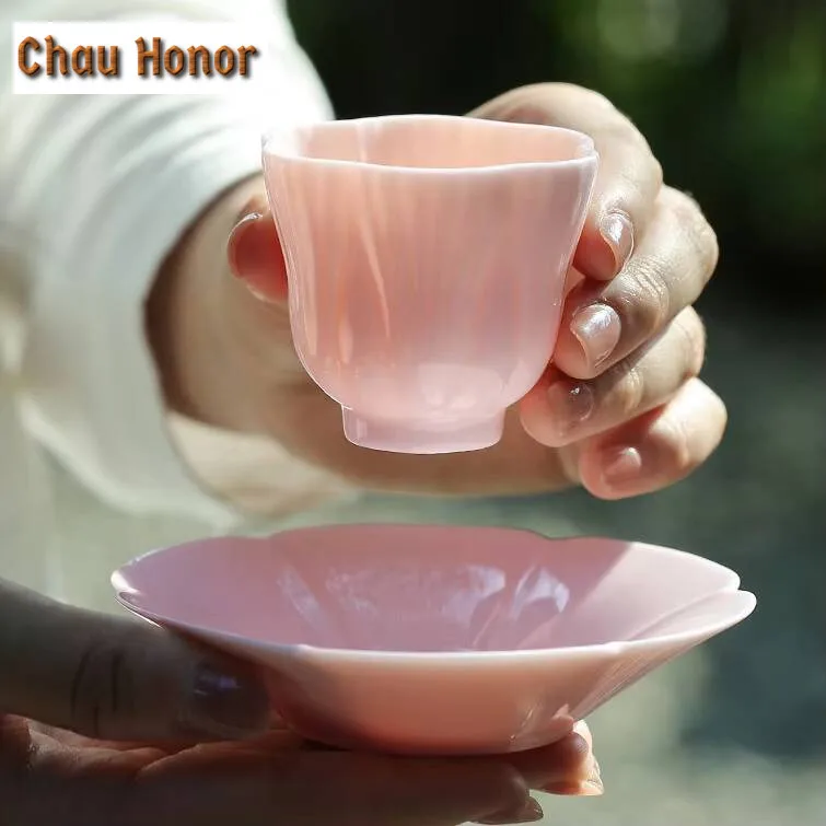 4pc/set Boutique Jade Mud Cherry Blossom Powder Teacup Tea Bowl Set of Cups Tea-tasting Smelling Cup Jianzhan Master Cups Teaset
