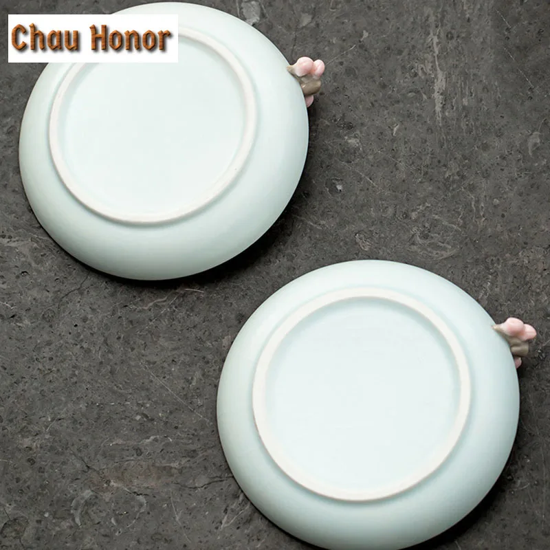Handmade Knead Pink Plum Blossom Ceramic Teacup Coaster Boutique Azure Ru Kiln Celadon Heat Resistant Placemats Kung Fu Teaware