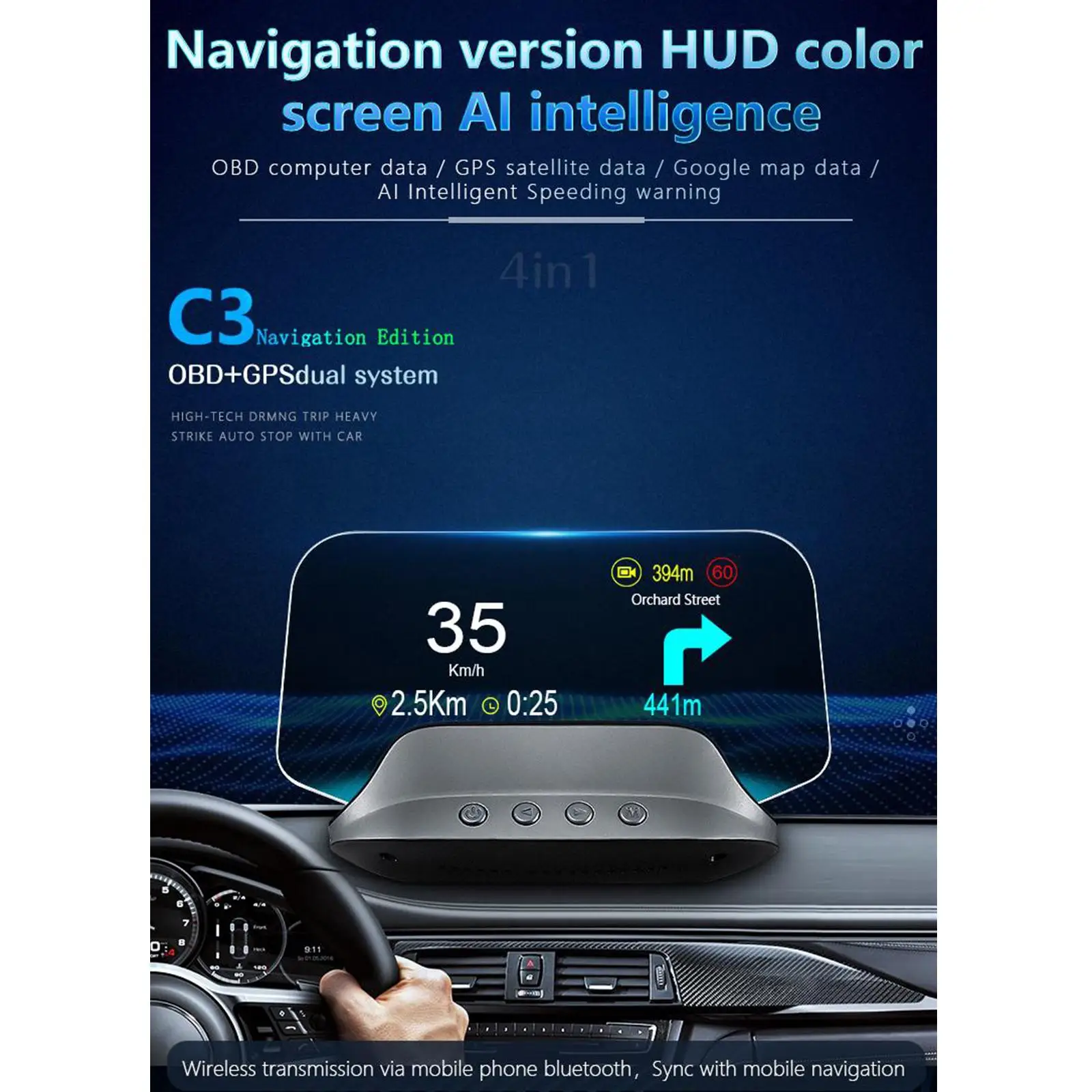 OBD2 + Car Head Up Display Overspeed Warning Speedometer Navigation