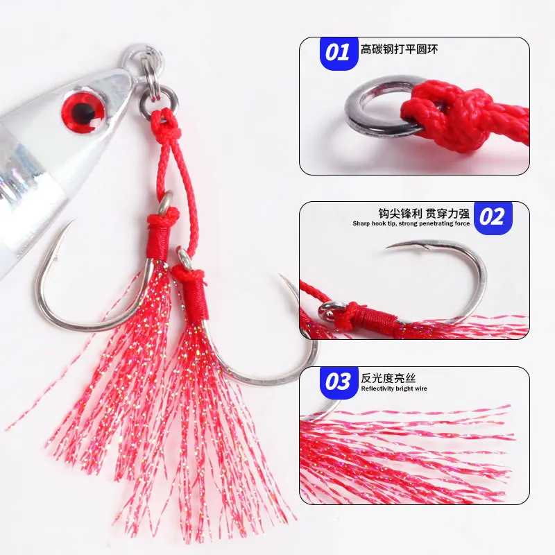 Metal Jig Double Hooks 2/0 3/0 5/0 7/0 9/0 Slow Jigging High Carbon Steel Fishing  Assist Hooks with PE Line Feather Fishhook