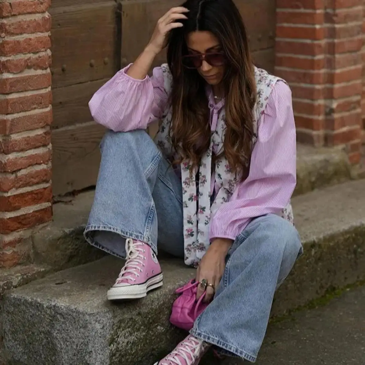 Women Fashion Flower Printed Lace Up Vest Loose V Neck Sleeveless Short Waistcoat 2024 Autumn Spring Lady Basic Streetwear Tops