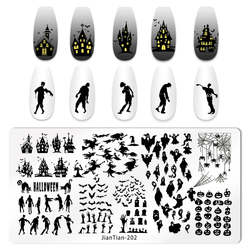 Halloween Nail Art Stamping Plate Drawing Template Pumpkin Heart Wave Line Ghost spider Bat Image Stencil Nail Printing Tools 3