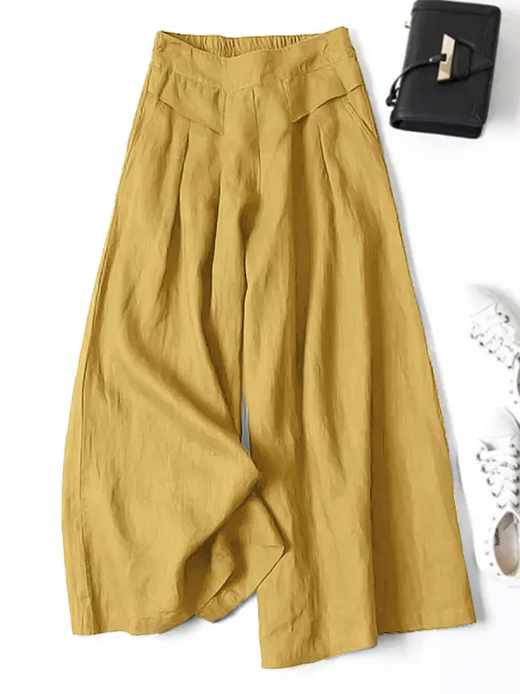 

ZANZEA Fashion Women Wide Leg Pants Female OL Work Cotton Palazzo Solid Loose Long Pantalon Autumn Elastic Waist Casual Trousers