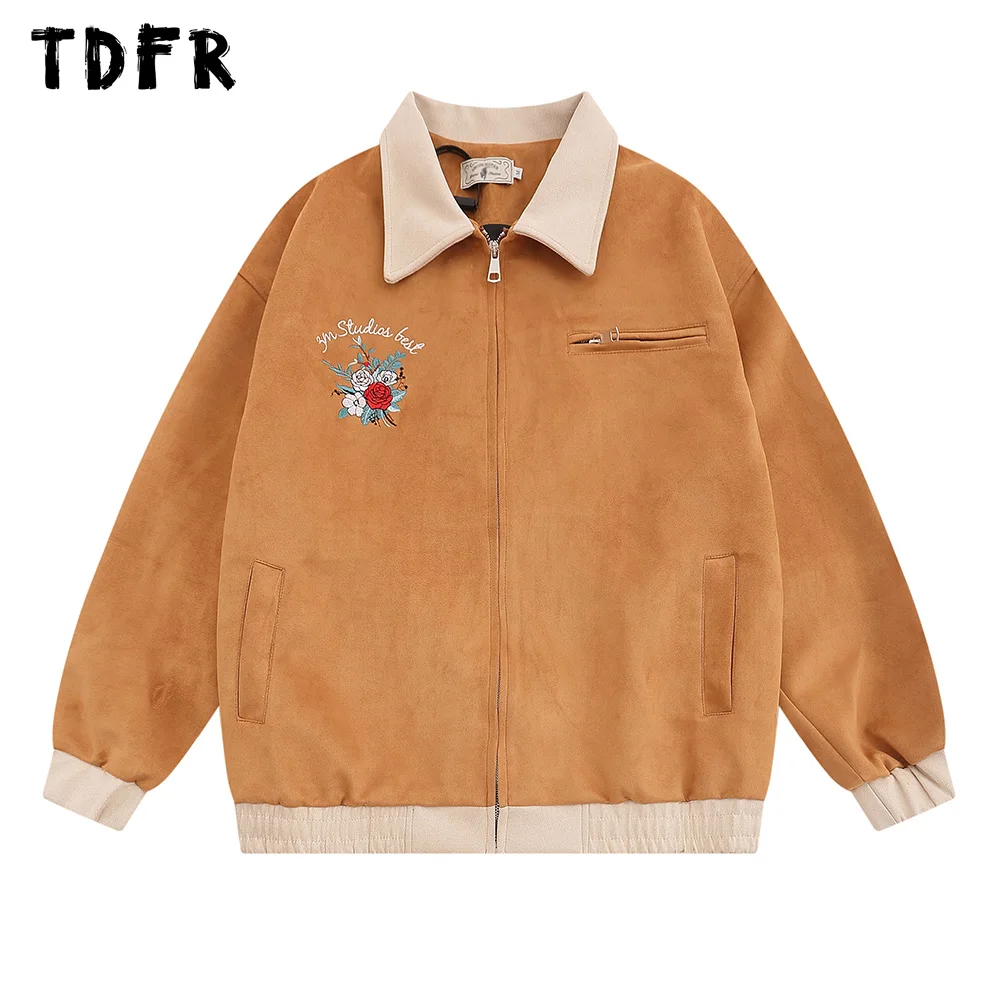 

rose flower Embroidery Spliced Jacket Mens Autumn Winter Retro Casual Lapel Loose Long Sleeve Outerwear Men