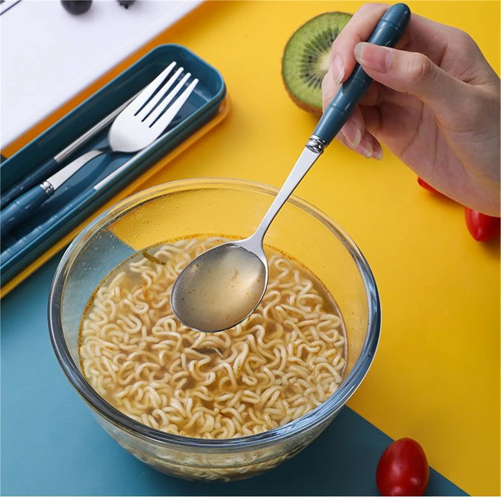Stainless Steel Portable Cutlery Set Student Work Outdoor Travel Fork Spoon Chopsticks Three-piece Reusable Box