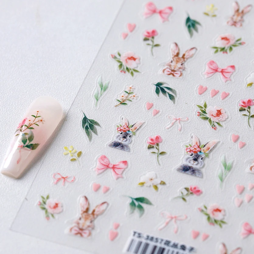 Cute Rabbit Love Heart Bowknot Easter Bunny Eggs Bunny Flower Rose Leaves Nail Art Stickers Charm Garden Animal Manicure Decals 5