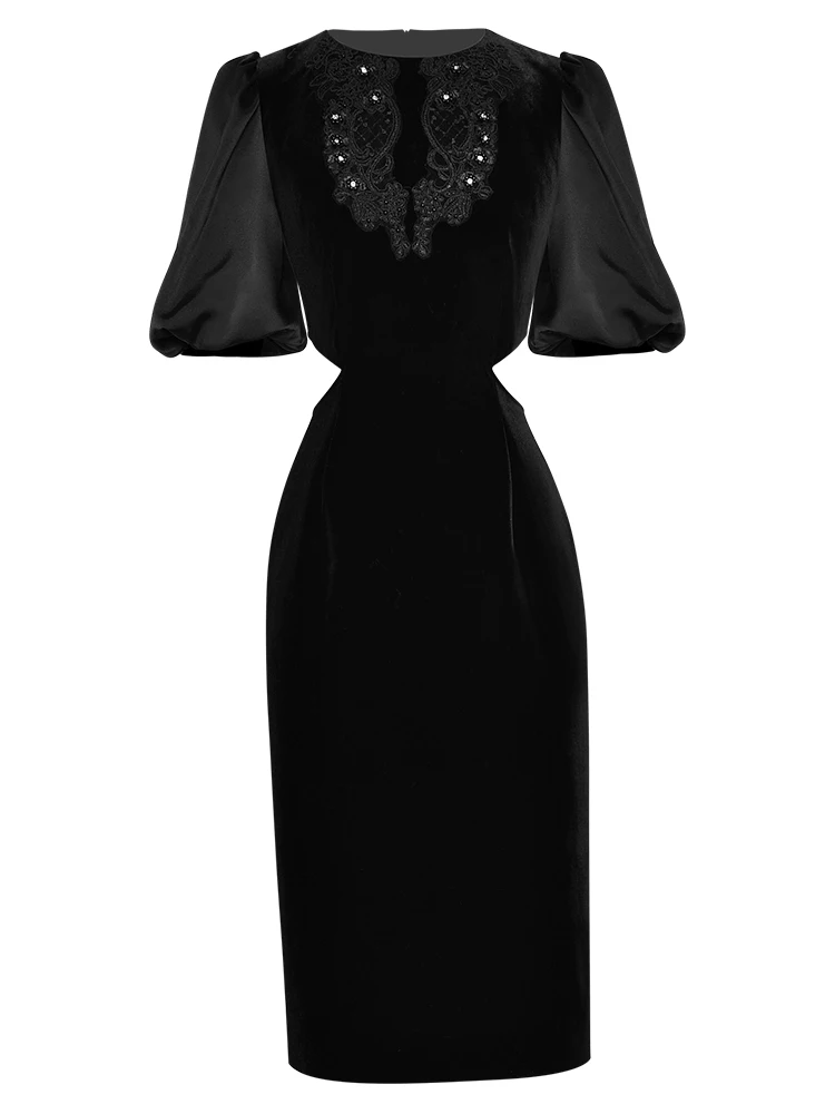 

Sweetsince Velvet Dress Spring Autumn Women's Round Neck Lantern Sleeve Hollow Waist Dress Sexy Unique Luxury 2023 Designer New