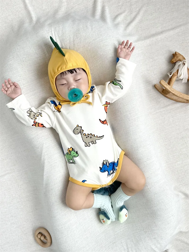 

Комбинезон для новорожденных девочек и мальчиков от 0 до 24 месяцев, Осенний хлопковый комбинезон с милыми динозаврами, комбинезон для младенцев