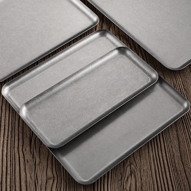 1 Pcs Retro Square 304 Stainless Steel Tray Caf&eacute; Snack Cake Plate Restaurant Tableware