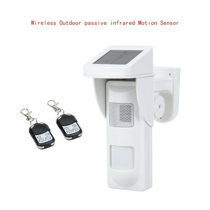 

Wireless Outdoor PIR Motion Sensor Safety Alarm Remote Keyfob Arm Disarm Solar Siren Pet Immunity IP-65 Waterproof Detector