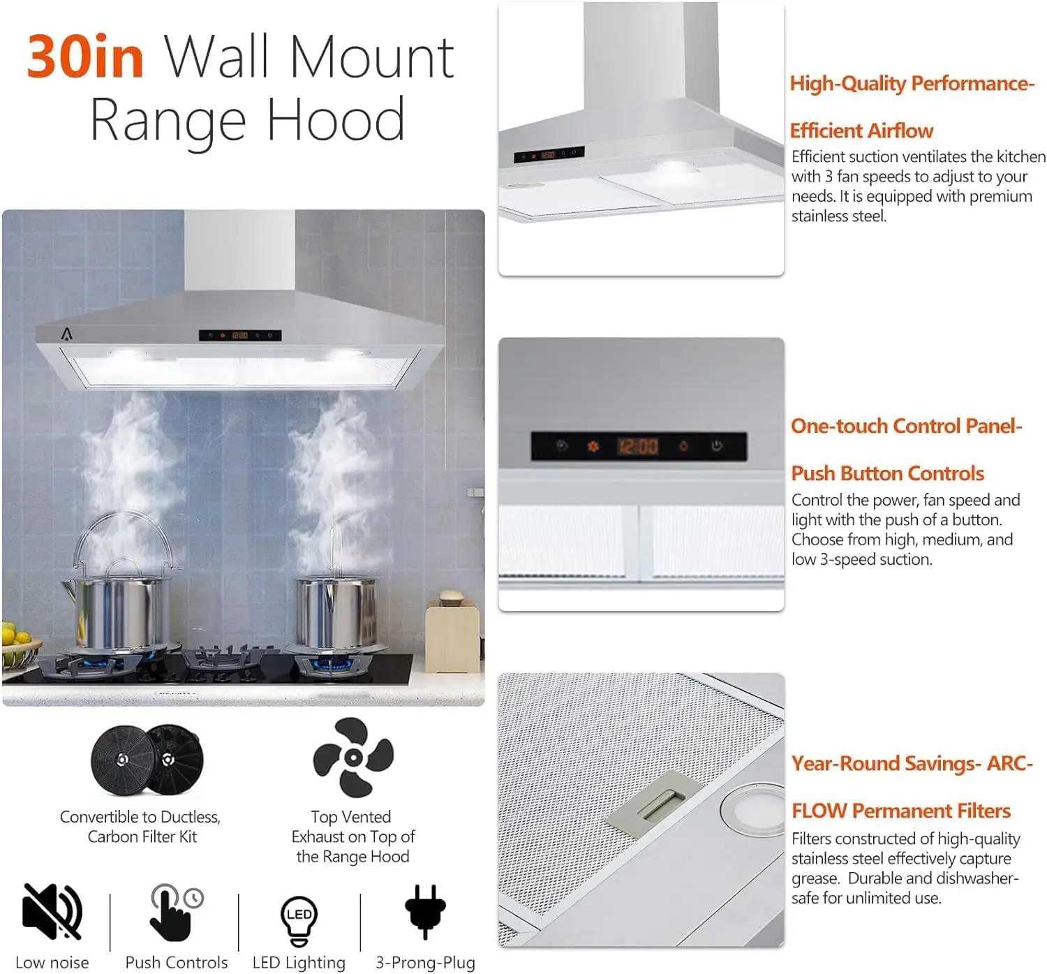 30 inch Wall Mount Range Hood,Kitchen Hood With Ducted/Ductless,LED Light and 3-Speed for Stove Kicten Restaurant,  Ideal Hood 2