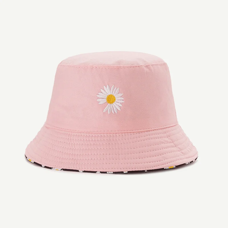Summer Daisy Double-Sided Bucket Hats Women's Embroidery Hip Hop Panama Bob Caps Folded Beach Sun Fisherman Hat For Ladies