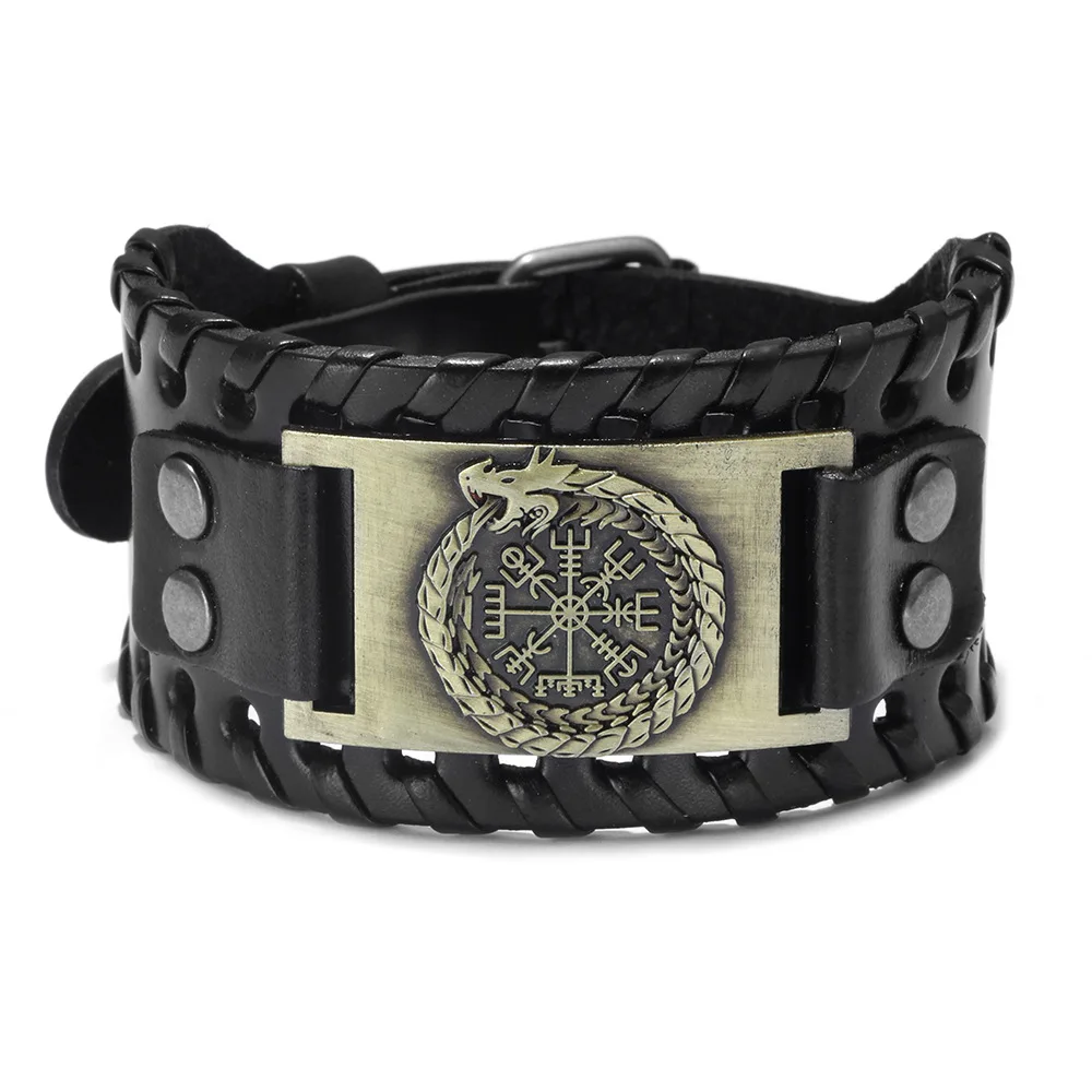Viking Dragon Pterosaur Triangle Odin Rune Bracelet Men's Accessories Metal Leather Accessories Religious Amulet Bangle Bracelet Leather Bracelets Leather Bracelet