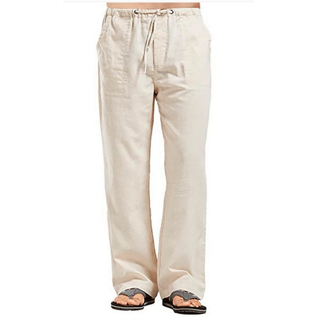 Pantalon d'été en coton et lin pour homme, tissu solide, respirant,  décontracté, taille élastique, fitness - AliExpress