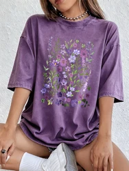 Vibrant Purple Watercolor Floral Oversized Cotton Tee - S (Purple)
